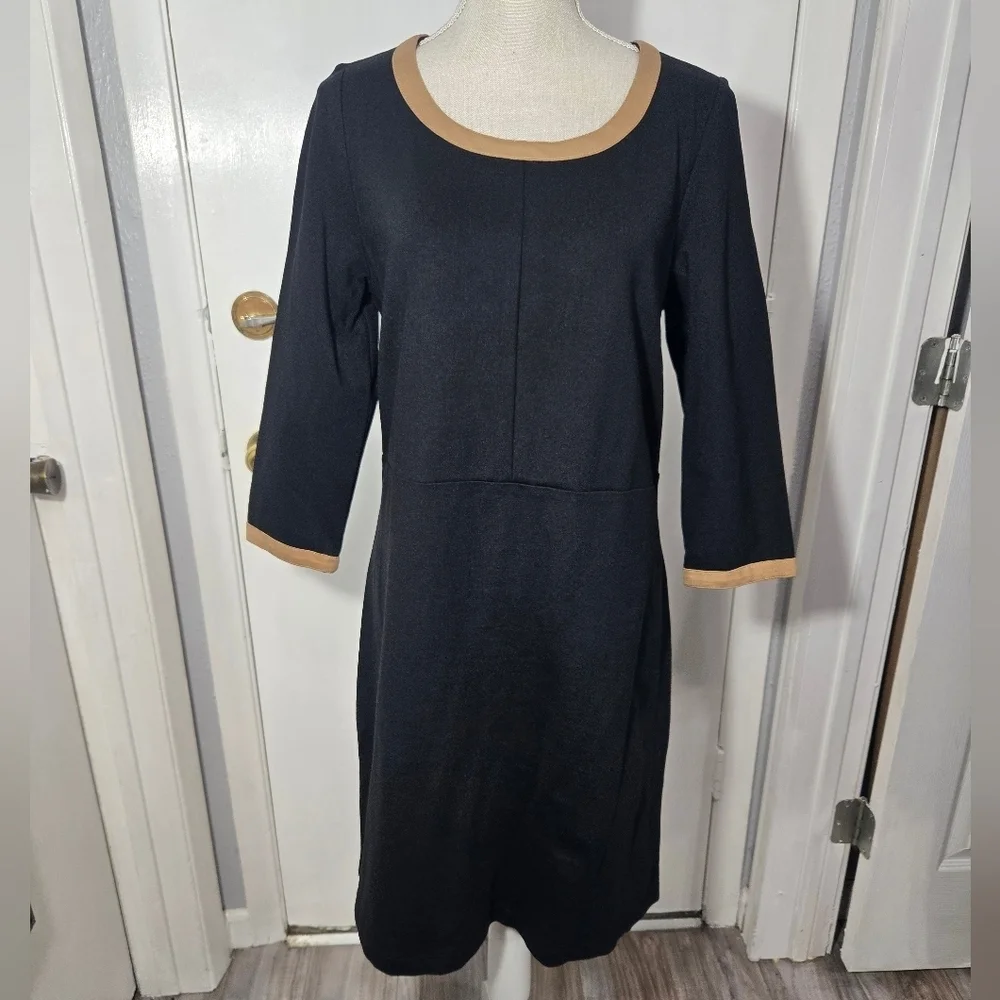 J Jill Black Brown colorblock Shift Dress Stretch EUC 3/4 slv Career Cocktail M - Picture 1 of 8